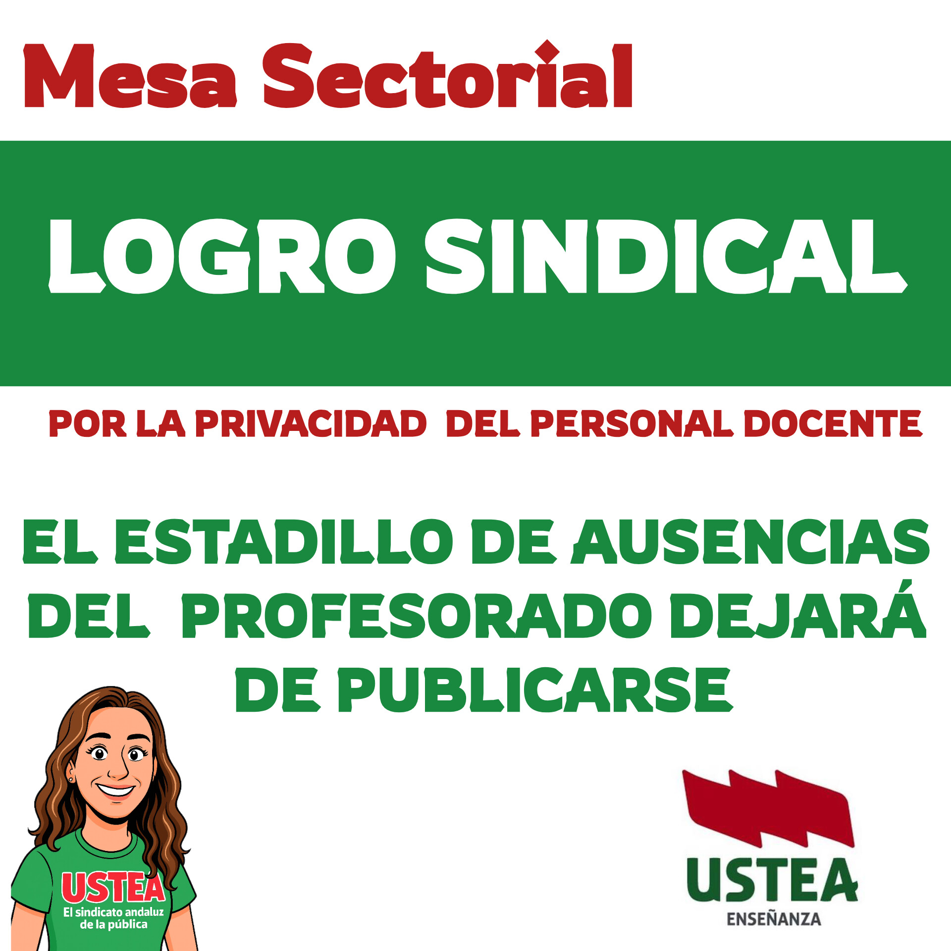 USTEA consigue un avance sindical: El estadillo de ausencias del profesorado dejará de publicarse
