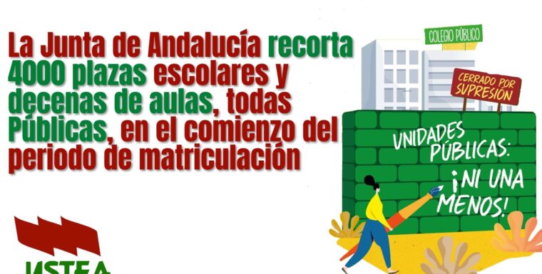 La Junta recorta 4.000 plazas públicas y decenas de clases en los colegios andaluces en el proceso de escolarización